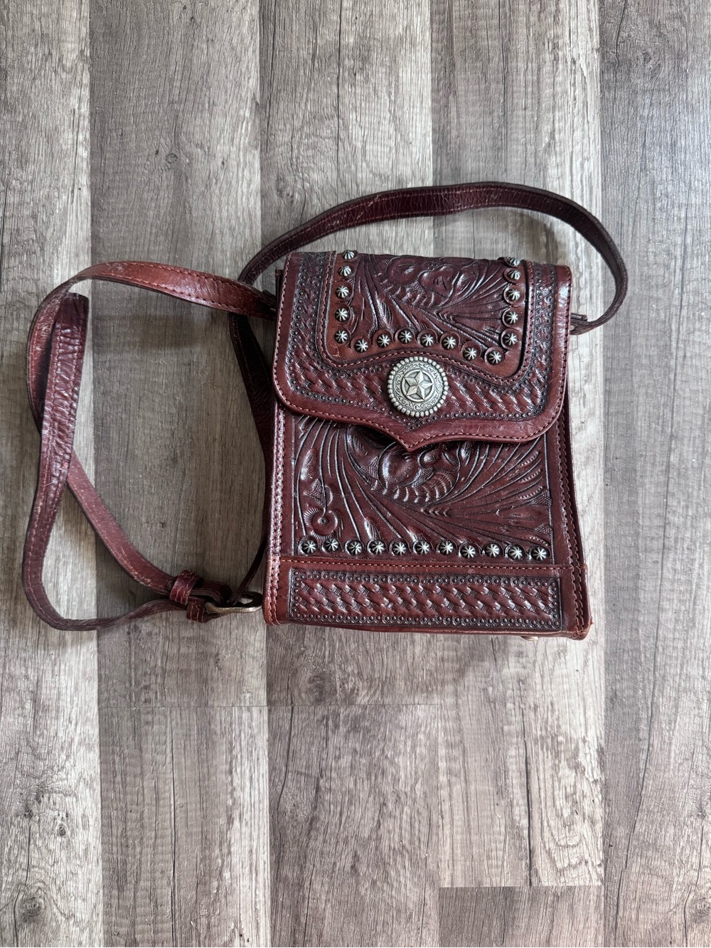 American West Tooled Leather Crossbody Bag with Concho Detail - Brown